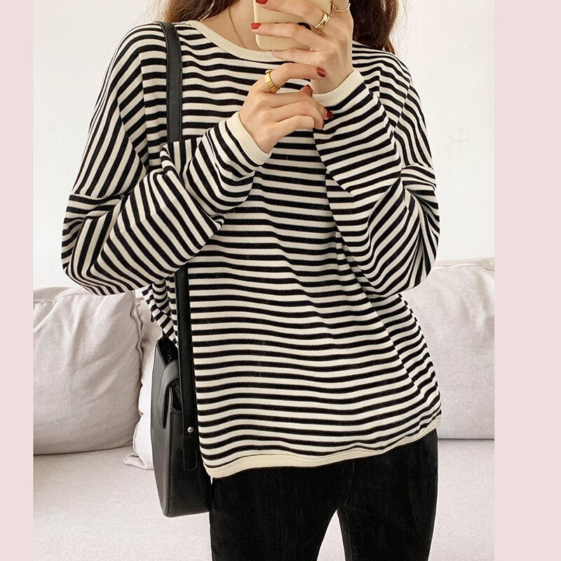 swvws Loose Striped Tshirt Women Cotton Long Sleeve Tops T-Shirt Casual Korean Fashion O-Neck Tee Shirt Femme  New Autumn Female