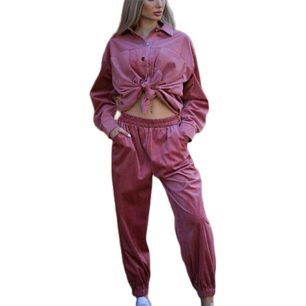 swvws Women's Tracksuit Corduroy  Pinstripe Single-Breasted Pocket Tops And Pants Women Suits