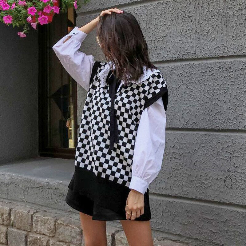 swvws Ladies Autumn Winter Plaid Sweater Women Vest Pullover Casual Loose Streetwear Women Sweaters Knitted Female Waistcoat Chic Tops