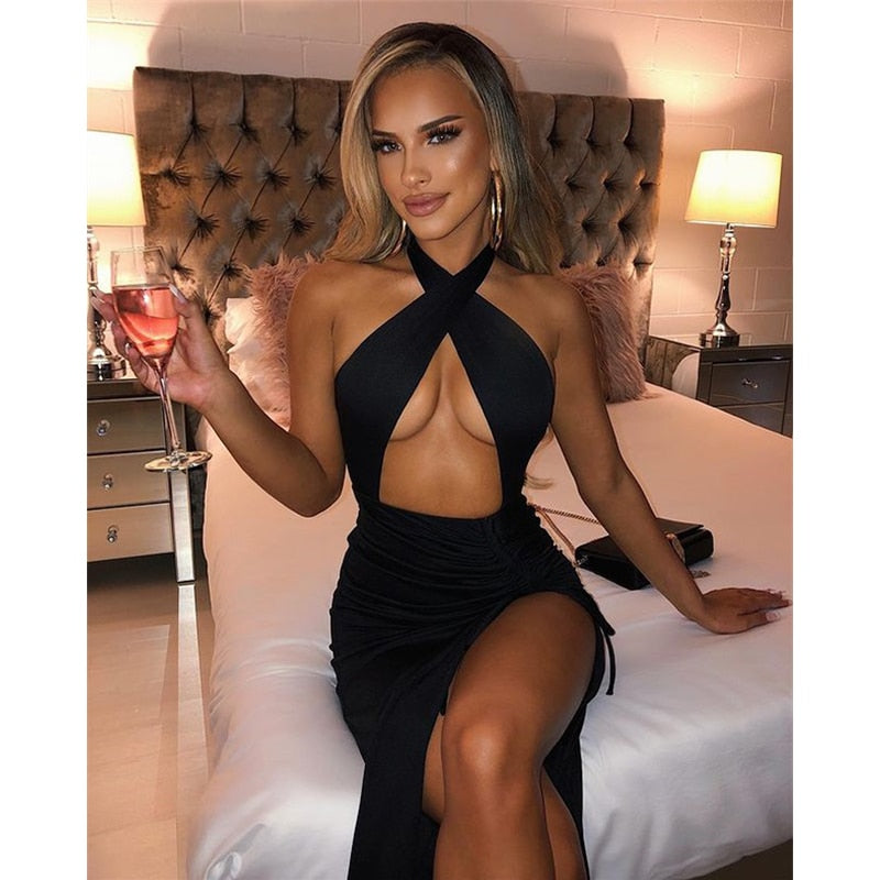 swvws Halter Drawstring Sexy Bodycon Bandage Dress Women Summer Dress Split Hollow Out Backless Long Maxi Dresses