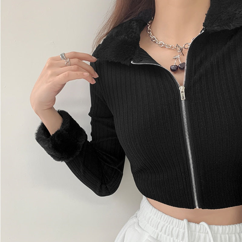 swvws Fashion Fur Collar Long Sleeve Slim Knitted Cardigan Solid Color Screw Thread Open Navel Zipper Sweater Khz3