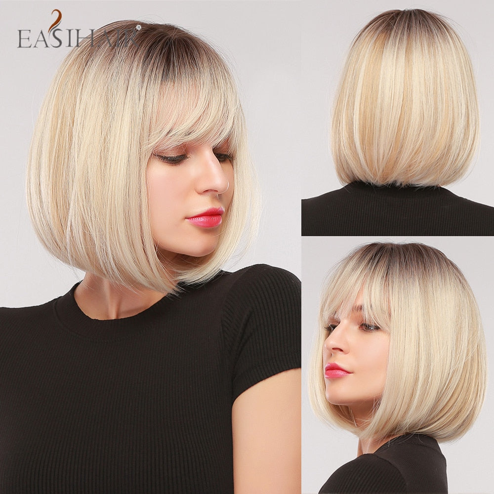 swvws  Short Straight Bob Wigs With Bang Golden Brown Natural Synthetic Hair For Women Daily Cosplay Heat Resistant Fiber Wigs