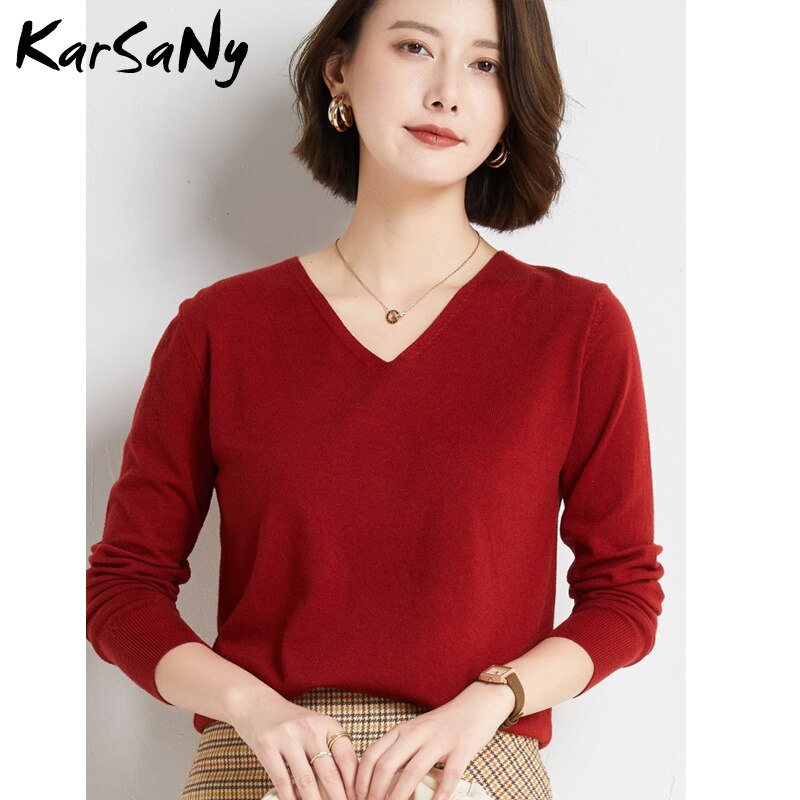 Back To School V Neck Sweater Pullover Winter Women  Solid Pulls Slim Knitted Top Basic Women's Sweaters Autumn Women Cashmere Jumper Woman