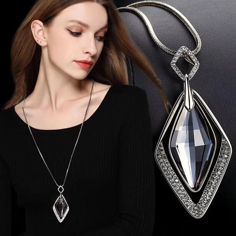 swvws Long Black Crystal Necklaces & Pendants Fashion Gold Silver Color Chain Rhinestone Geometric  Necklace Jewelry For Women