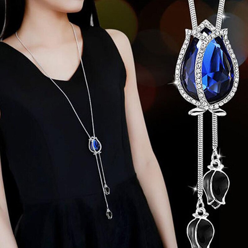 swvws Fashion Long Chain Sweater Necklaces & Pendants for Women Blue Opal Rhinestone Flower Pendant Necklace Female Jewelry