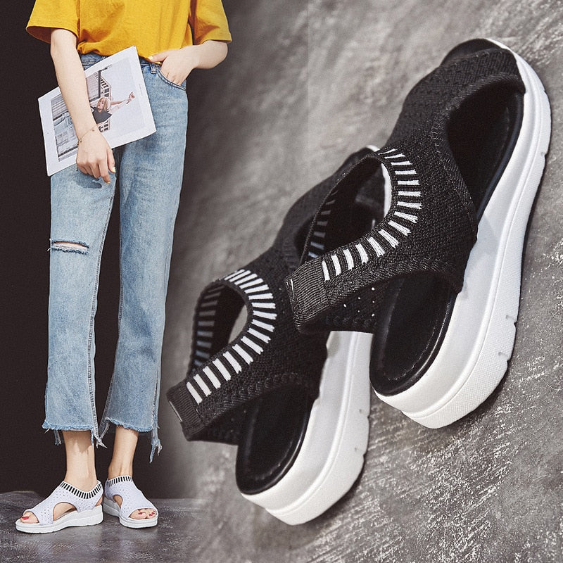 swvws   Sandals Women Summer  New Open Toed Flat Roman Women Sandals Flying Woven Hollow Platform Sports Sandals Tenis De Mujer