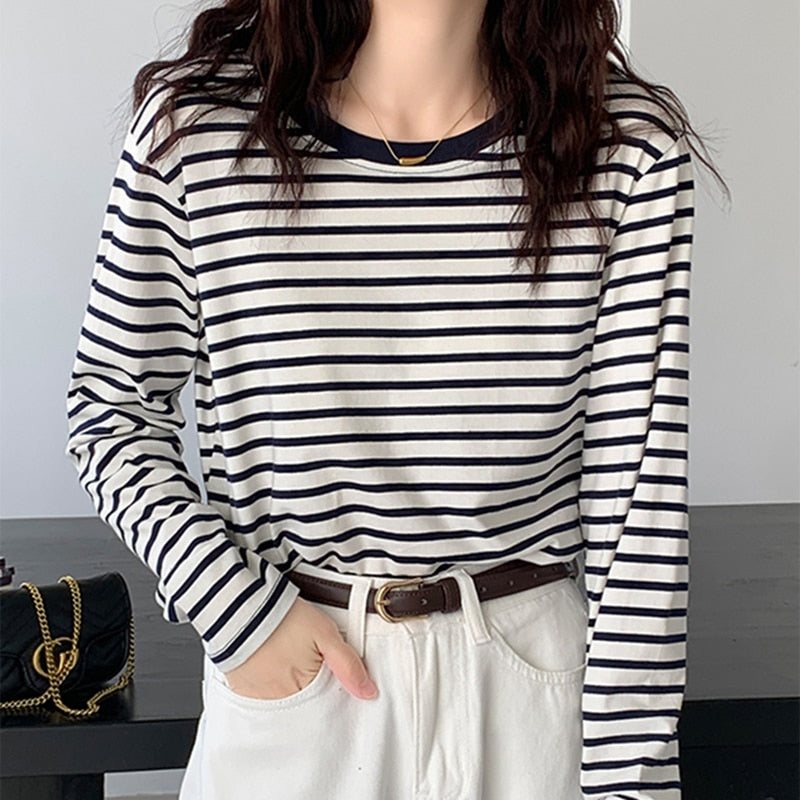 swvws Cotton T Shirt Women  Summer Striped Tshirts For Women Clothing Casual Basic Women's T-Shirt Loose T-Shirts Tee Tops Tshirt