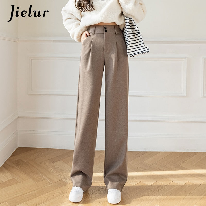 swvws Woolen Wide Leg Pants Black Khaki Winter Korean Style Women Trousers High Waist Loose Straight Mopping Long Pants