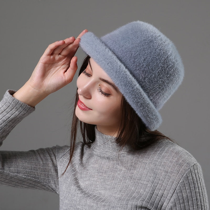 Wool Elegant Women Hat Dome Short Brim Hats Female British Retro Autumn Winter Basin Cap Faux velvet Hat RC2070