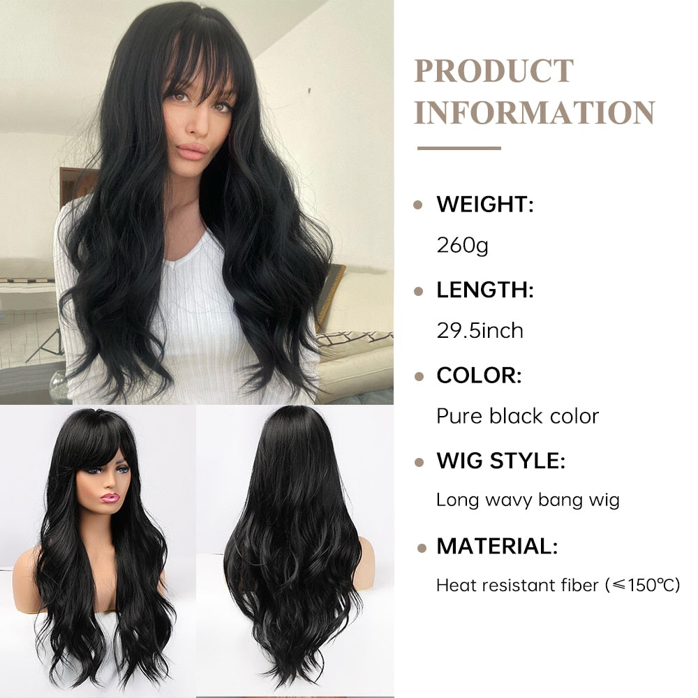 swvws  Long Black Wigs Cosplay Body Wave Synthetic Wigs With Bangs For White/Black Women Brazilian American Natural Hair