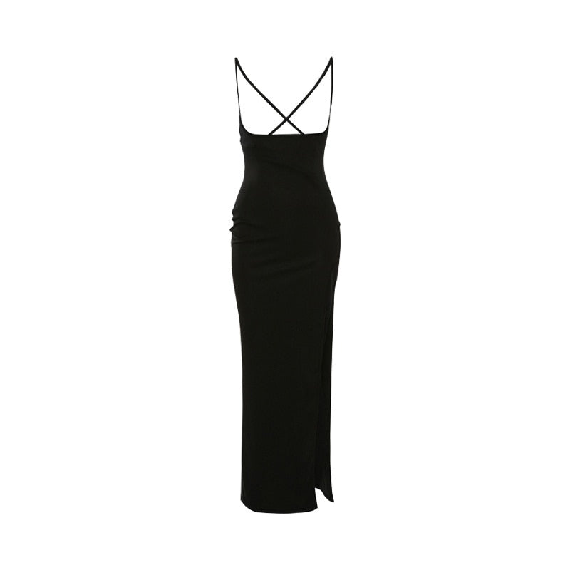 swvws European Fashion Trend Low Collar Suspender Dress Women Sexy Backless Side High Split Party Black Dresses 4PLN