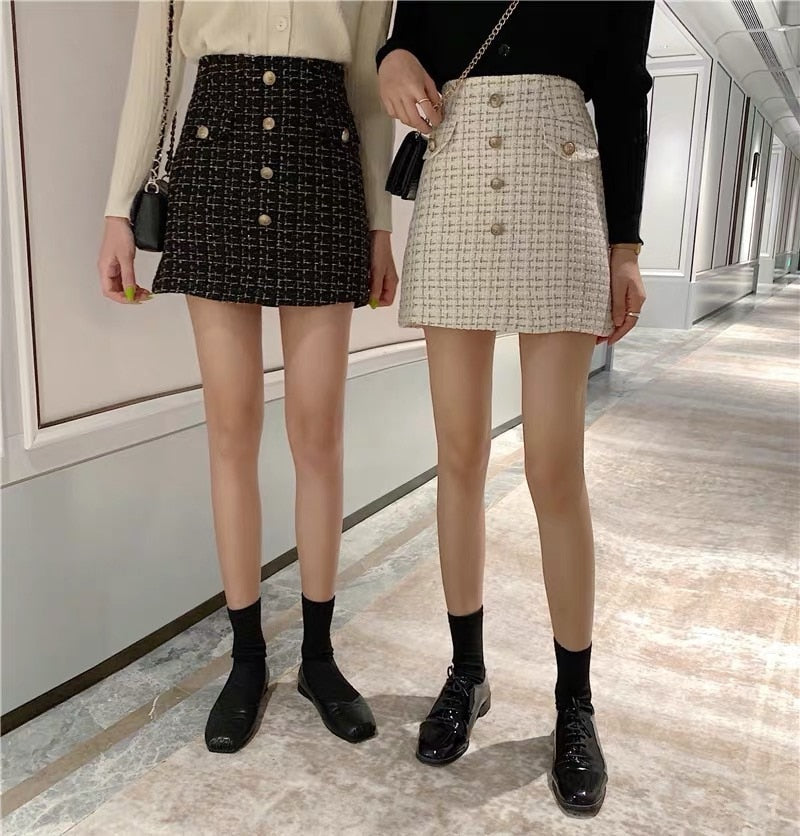 swvws Plaid Tweed Skirts Office Lady High Waist Mini Skirt Woolen Clubwear Vintage Buttons Black White Zipper Shorts Skirt