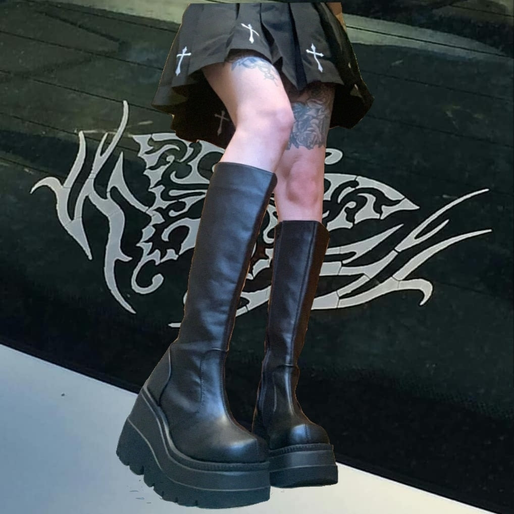 swvws  Band Goth Platform Wedges Punk Chunky Mid Calf Boots Women Thick Heel Autumn Trendy Cosplay Casual Shoes Women