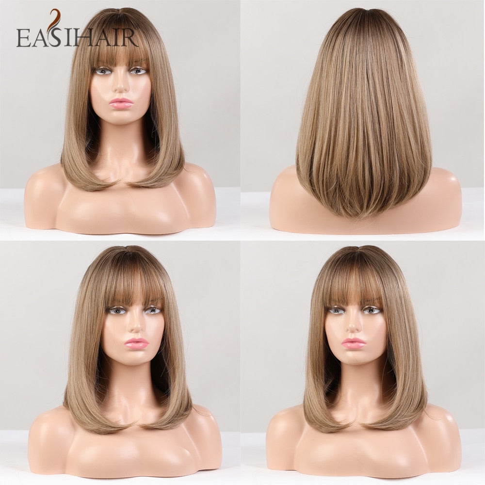 swvws  Short Straight Bob Wigs With Bang Golden Brown Natural Synthetic Hair For Women Daily Cosplay Heat Resistant Fiber Wigs