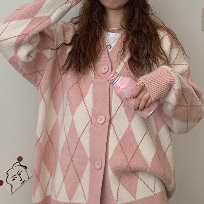 swvws Cardigan Women Winter Chic Sweater Jacket Girl Knitted Argyle Coat Loose All Match Student Korean Knitwear Pink Tops Sweat Femme