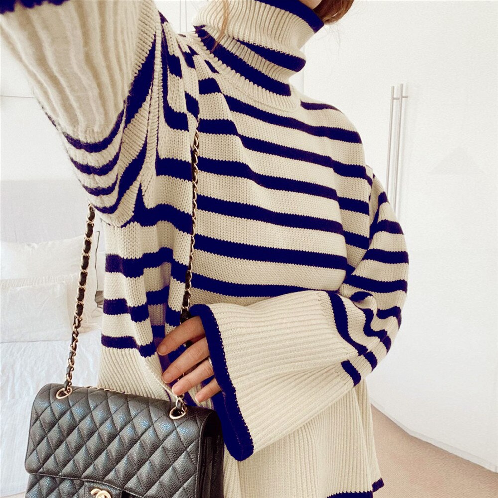 swvws New Ladies  Autumn Winter Turtleneck Sweater Women Pullover Tops Clothes Black White Striped Loose Casual Sweater Jumpers Female