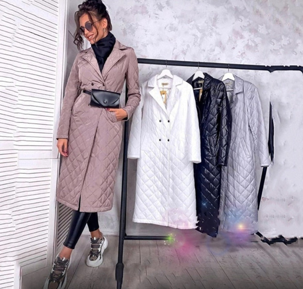 swvws Long Straight Winter Coat With Rhombus Pattern Casual Sashes Women Parkas Deep Pockets Tailored Collar Stylish Outerwear