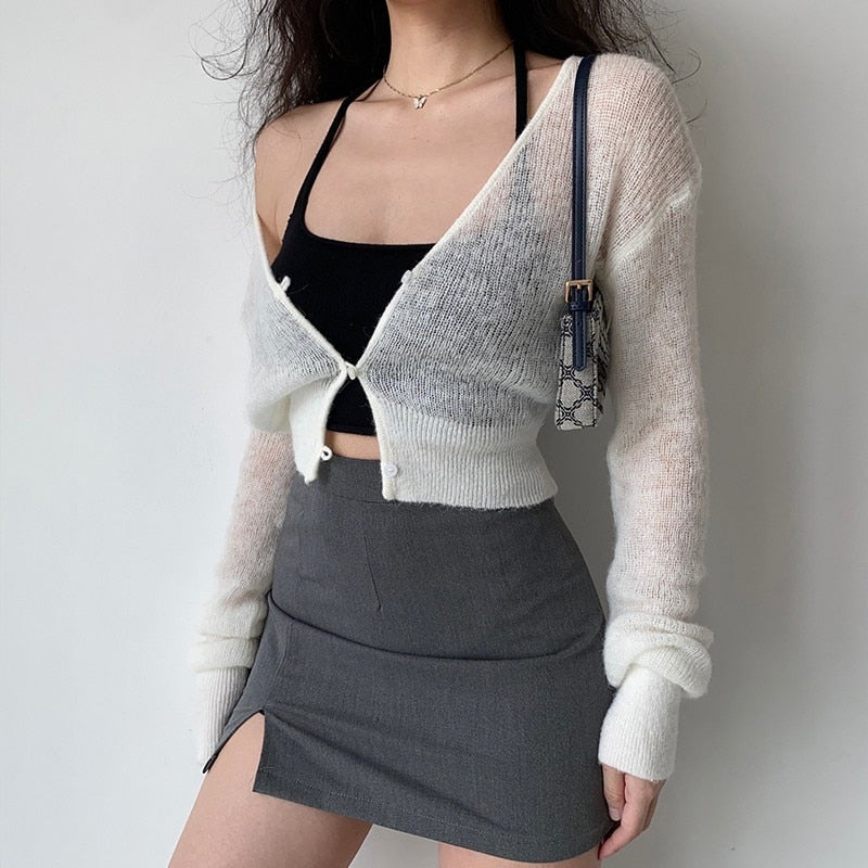 swvws Sexy See Through Cropped Cardigan Women Thin Hollow Out Knitted Cardigans Long Sleeve V-Neck Sweater Crop Tops Korean