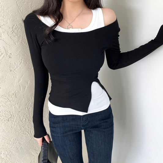 swvws  Two Pice Long Sleeve Tops Autumn Korean Fashion O-Neck Soild T-Shirts Female Casual Slim Soft Cotton Basictee Shirt Femme