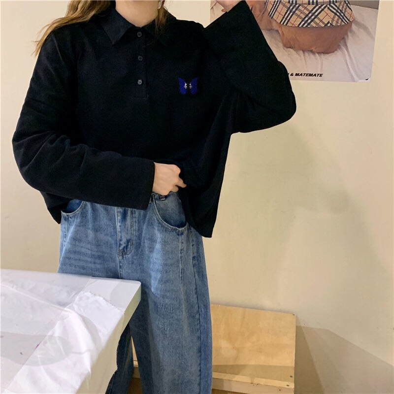 swvws Long Sleeve T-Shirts Women Turn-Down Collar Loose Students Embroidery Harajuku BF Tops Autumn Korean All-Match Trendy Chic Loose