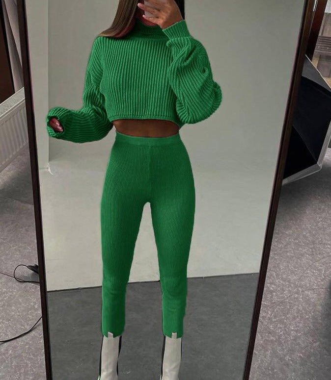 swvws Back To School Woman Two Pieces Set Autumn Winter Knitted Pants Suit Casual Long Sleeve Turtleneck Sweater Skinny Pants Tracksuit