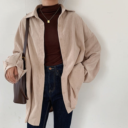 swvws Women Solid Corduroy Coat Vintage Oversized Blouse Turn-Down Collar Jacket Button Up Batwing Sleeve Shirt Autumn Casual Thin Top