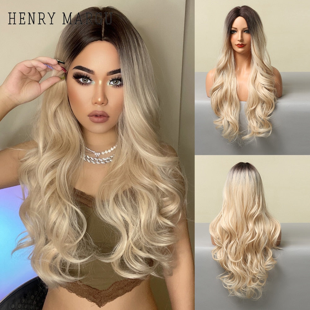 Long Ombre Brown Light Ash Platinum Blonde Wavy Wigs Cosplay Party Synthetic Wig for Women High Temperature Fibre