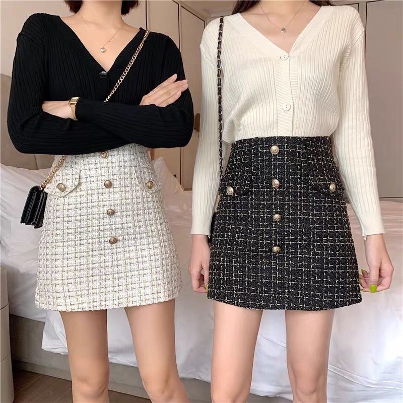 swvws Plaid Tweed Skirts Office Lady High Waist Mini Skirt Woolen Clubwear Vintage Buttons Black White Zipper Shorts Skirt