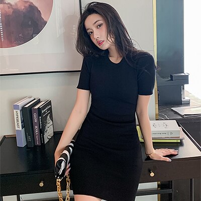 swvws Dresses For Women  Summer Korean Style Casual Solid Mini O Neck Short Sleeve Knitted Woman Slim Thin Black Bodycon Dress