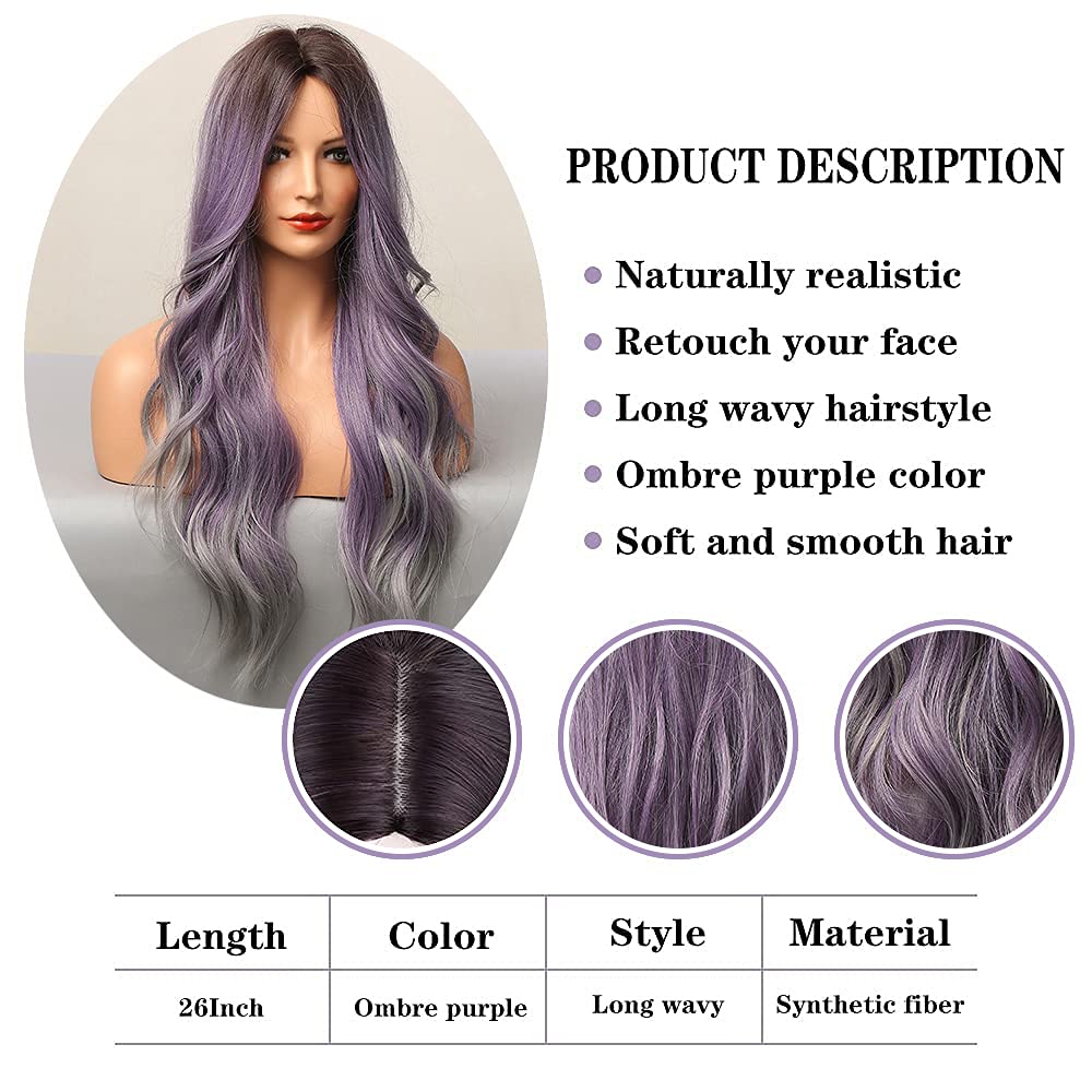 swvws Ombre Brown Mixed Purple Blonde Long Synthetic Wave Wigs For Women Heat Resistant Colorful Fiber Cosplay Lolita Wigs