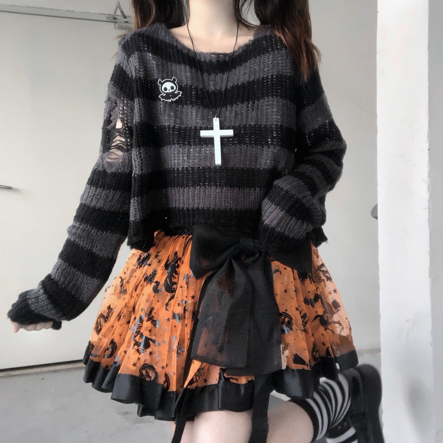 swvws Pink Striped Gothic Sweaters Women Ripped Holes Loose Knitted Pullover Frayed Fairy Grunge Jumpers Emo Streetwear Lolita