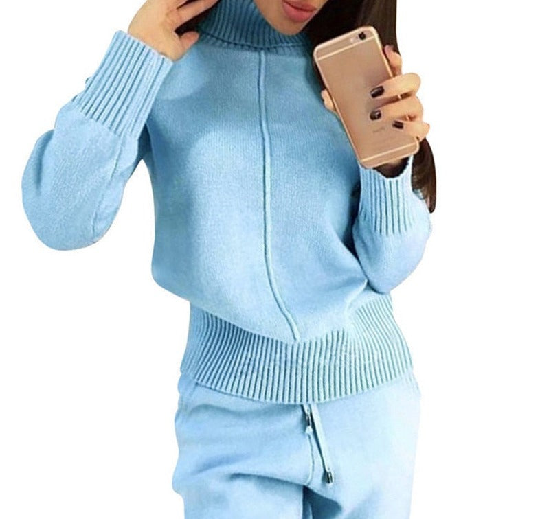 swvws Women's Woolen Knitted Suit High Collar Sweater + Pants Loose Style Two-Piece Set Women's Knitted Costume Tracksuit