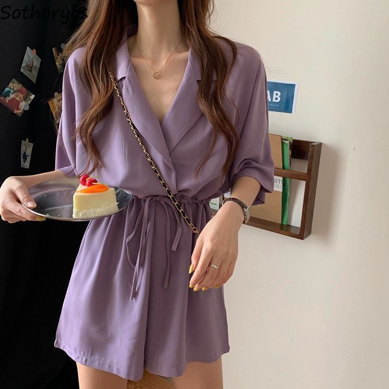 swvws Women Rompers Solid Elegant Draped Notched Collar Retro Fashion Short Sleeve Stylish S-5XL Lace-Up Playsuits Ulzzang Wide Leg