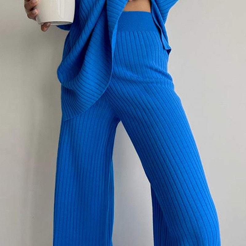 swvws Back To School Women Knitted Outfits Two Piece Set Solid Casual Pullover Tops Hight Waist Long Pants Suit Autumn Winter Oversized Sweater Suits