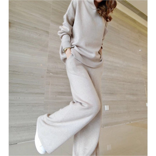 swvws  Autumn Winter Women  Solid Color Hooded Pullover Knit Sweater + Casual Wide Leg Pants Fashion Two Piece Set