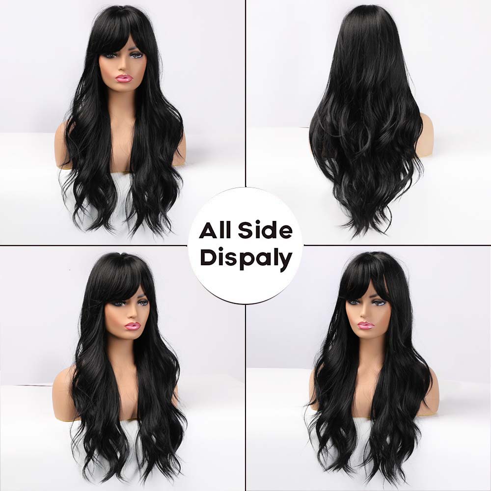 swvws  Long Black Wigs Cosplay Body Wave Synthetic Wigs With Bangs For White/Black Women Brazilian American Natural Hair