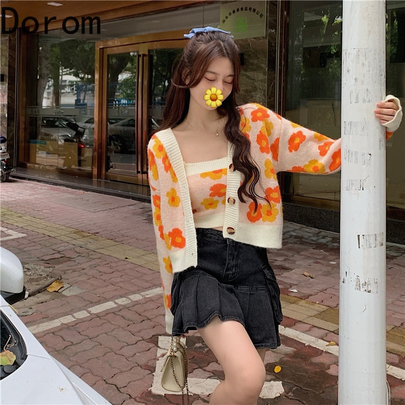 swvws Flower Print Cropped Cardigan Women Korean Fashion Casual Blue Sweater Single-Breasted Long Sleeven Tops + Knit Vest 2 Pcs Set