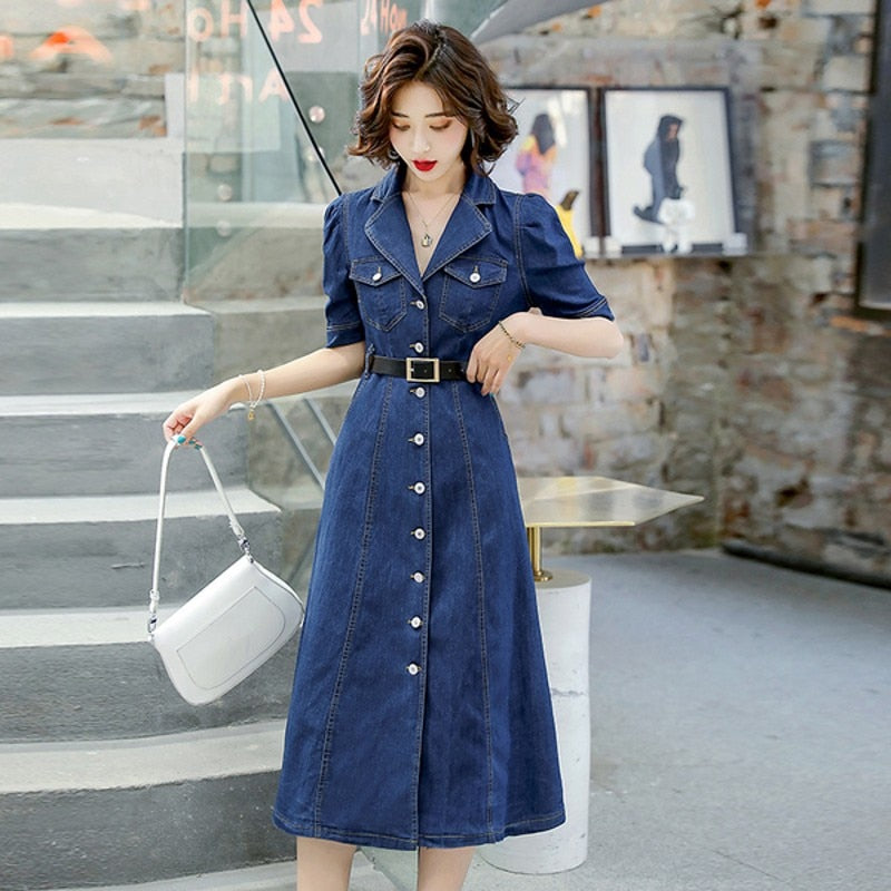 swvws  Summer  Women Denim Straight Slim Jeans Solid High Waist Short Sleeve Casual Dresses