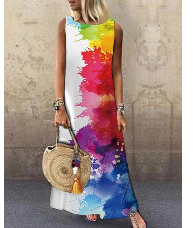 swvws Sundress Women Summer Dress  Printing Dress  Casual O Neck Loose Sleeveless Printed Floral Long Maxi Dress