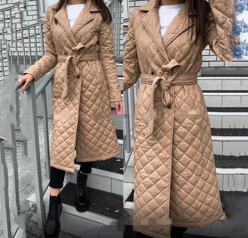 swvws Long Straight Winter Coat With Rhombus Pattern Casual Sashes Women Parkas Deep Pockets Tailored Collar Stylish Outerwear