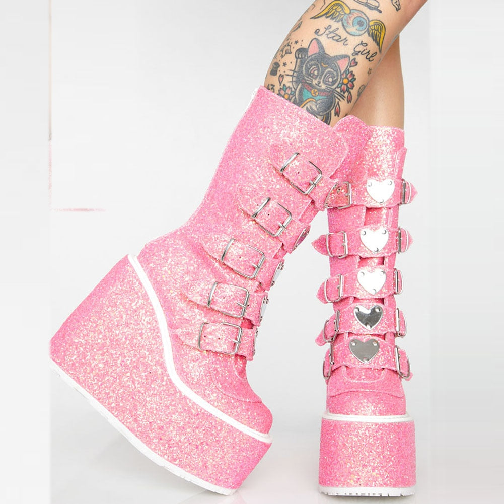 swvws Platform Wedges Combat Women Boots Sequins Sequin Glitter Zipper Punk Cool Motorcycle Ladies Shoes