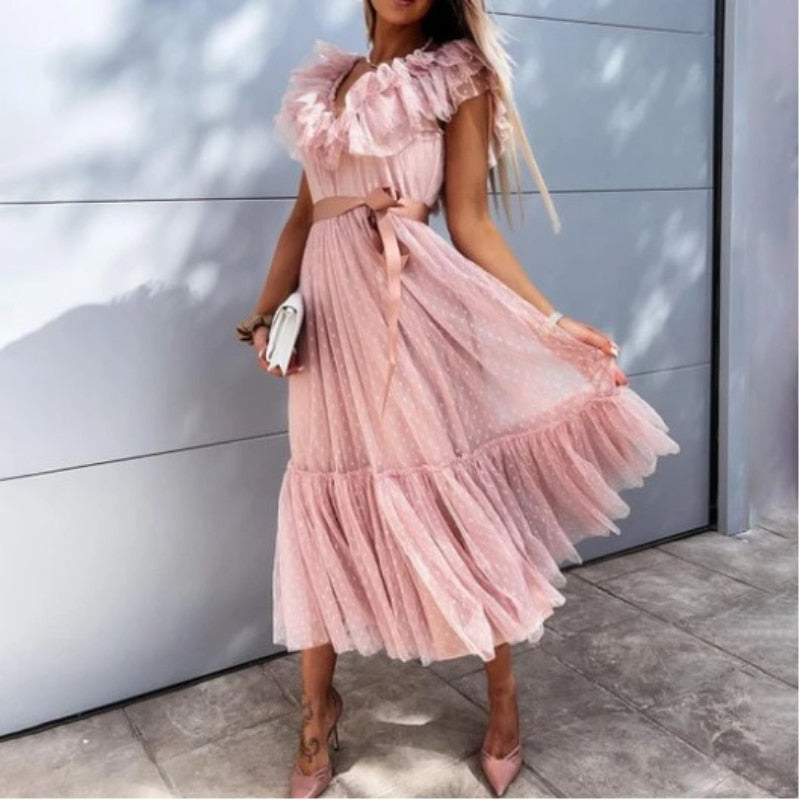 swvws Casual Tie-Up Belt Lace Ruffle Party Dress Summer Sexy V-Neck Mesh Sheer Long Dress Women Elegant Butterfly Sleeve Dress Vestido