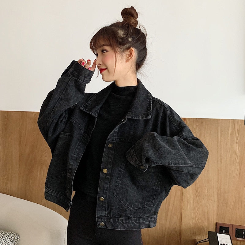 swvws Harajuku Black Denim Short Jacket Women Korean Loose Bomber Jacket Female Outerwear Streetwear Long Sleeve Casual Overcoat Mujer