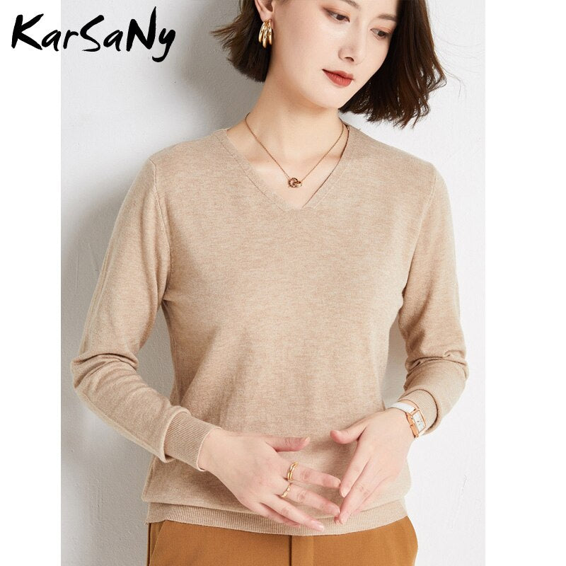 Back To School V Neck Sweater Pullover Winter Women  Solid Pulls Slim Knitted Top Basic Women's Sweaters Autumn Women Cashmere Jumper Woman