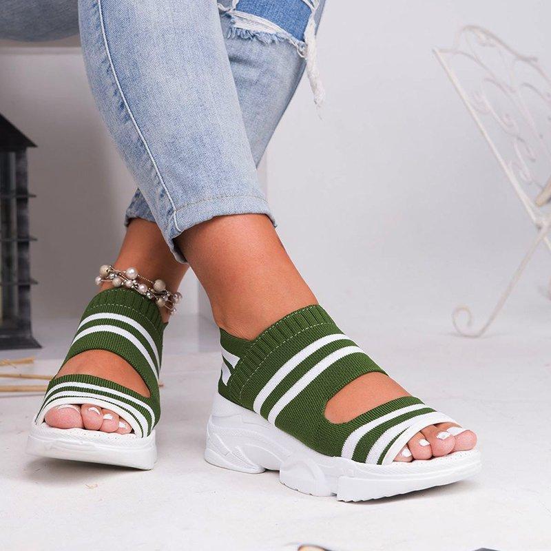 swvws New Women Sandals  High Heels Platform Women Shoes Summer Female Flats Knitting Slip On Peep Toe Casual Women Sandals