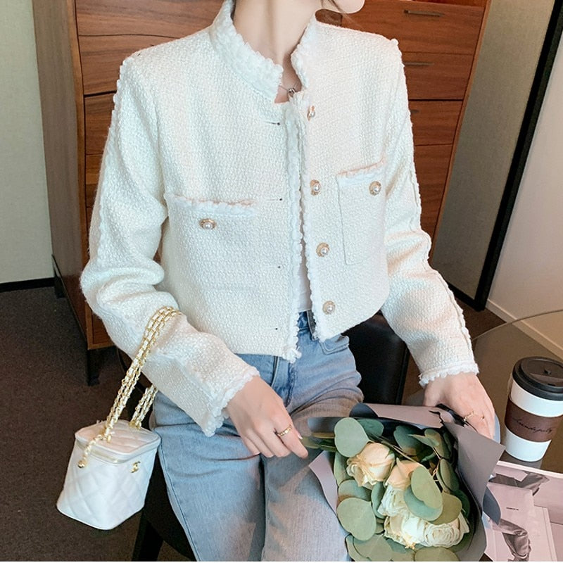 swvws  Autumn New Women High Quality  Single-Breasted Tweed  Stand Collar Long Sleeve  Jacket