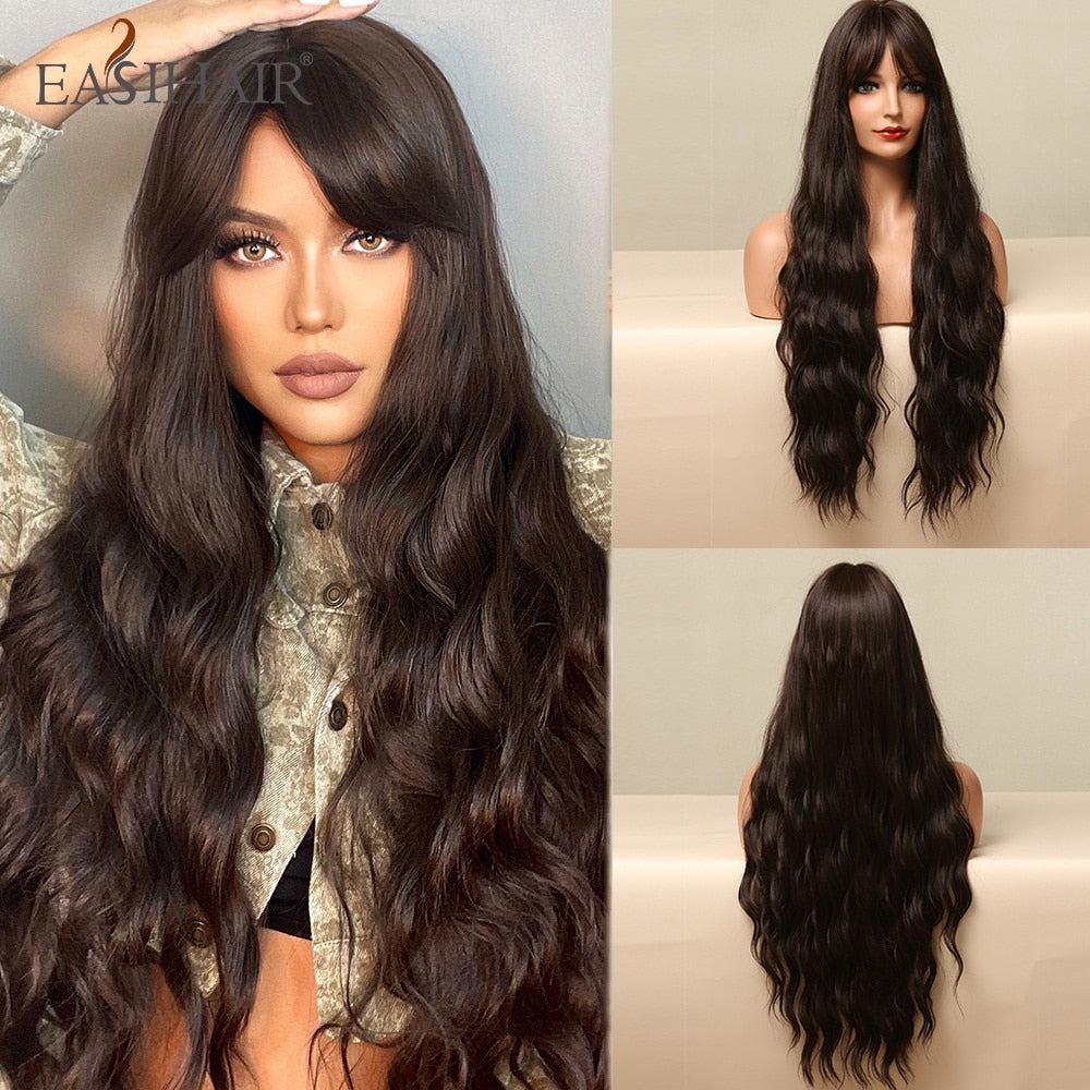 swvws  Long Black Wigs Cosplay Body Wave Synthetic Wigs With Bangs For White/Black Women Brazilian American Natural Hair