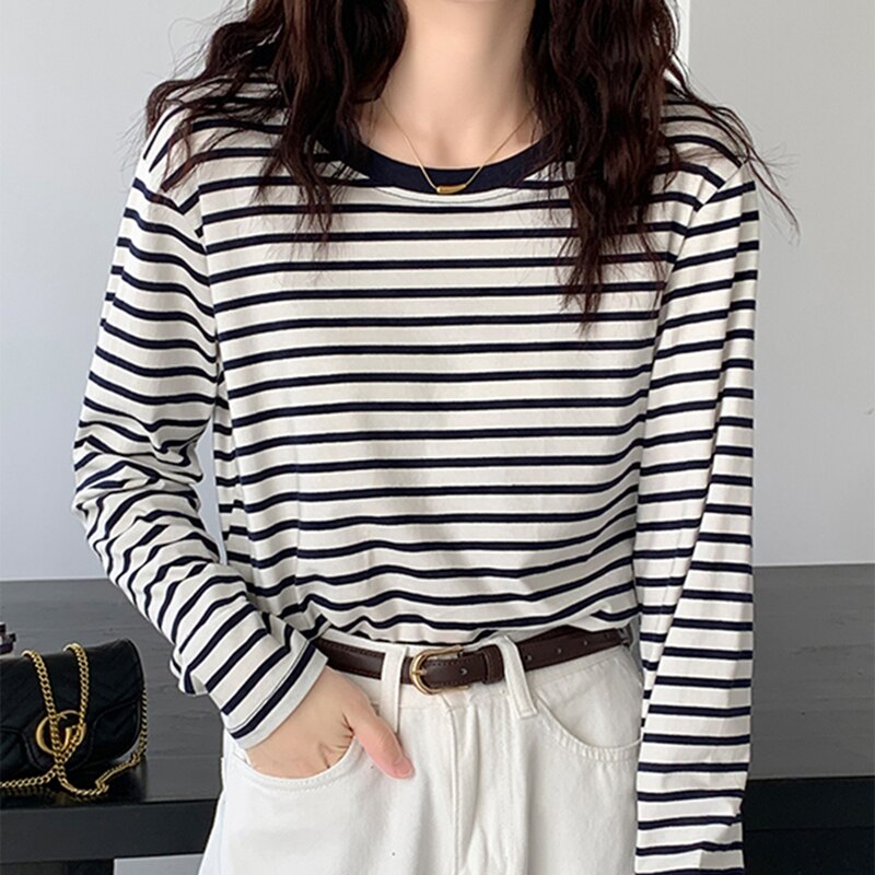 swvws Striped Vintage Long Sleeve Women T Shirts O Neck Loose Thin Tops Female All-Match Basic Spring New Fashion T-Shirt Tees Femme