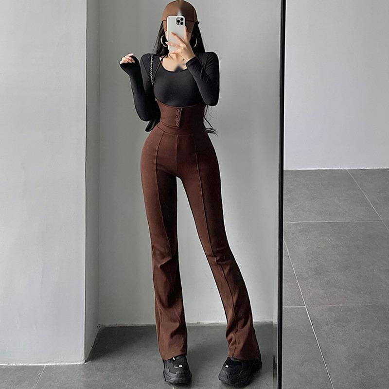 swvws Sexy Fashion Bandage Halter Neck High Waist Slim Skinny Overalls Casual Flare Pants Women's Fashion Trousers Korean Women G9J9