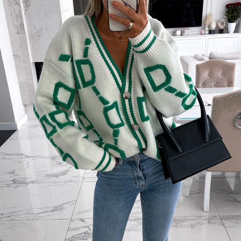 swvws Back To School Women Cardigan Green Striped Pink Knit Button Lady Cardigans Sweaters V-Neck Loose Casual Winter Fashion Knitted Coat